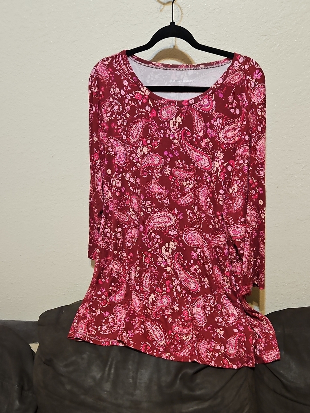 Jessica London Burgundy and Pink Paisley Scoop Neck Tunic